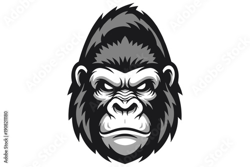 Powerful gorilla head vector illustration in monochrome, symbolizing strength, determination, and the untamed spirit of a wild ape for impactful branding