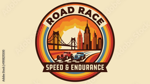 Urban motorsports challenge emblem with two vintage automobiles racing toward a city skyline
