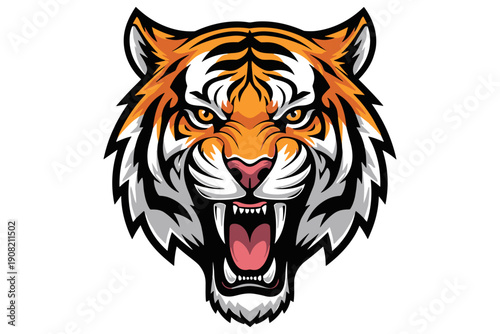 Vibrant and powerful illustration of a roaring tiger's head, featuring intricate stripes and sharp fangs, embodying raw strength and untamed ferocity for captivating graphic designs