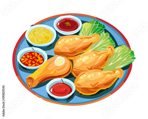 Fried chicken drumsticks served with various colorful dipping sauces on a blue round ceramic plate - Vector Illustration
