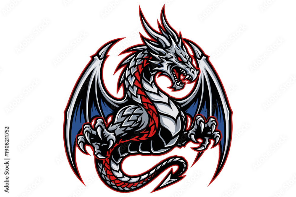 custom made wallpaper toronto digitalMajestic mythical silver dragon illustration with powerful spread wings and fierce expression, embodying ancient legends and fantasy strength, perfect for a powerful design concept