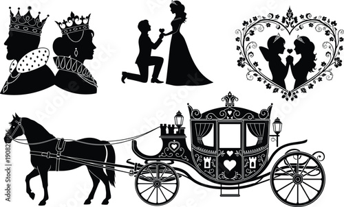 Black and white silhouettes of a king, queen, couple, heart, horse, and carriage
