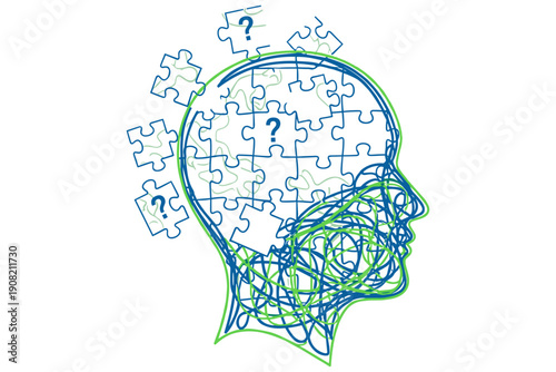 Abstract illustration of a human head filled with interconnected puzzle pieces, symbolizing complex thought processes, memory, problem-solving, confusion, and the search for understanding