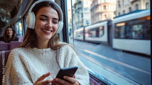 Happy woman wearing headphones, using cellphone while traveling in a modern tram, enjoying a comfortable ride