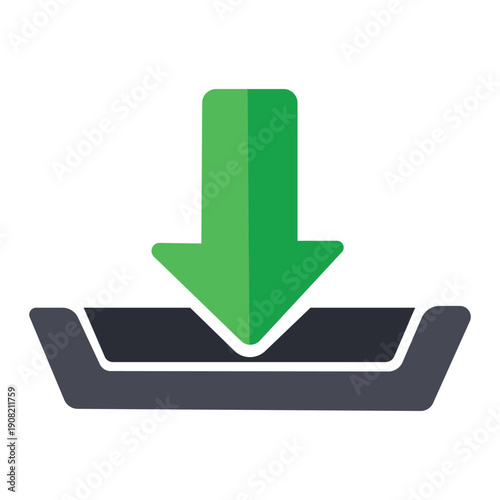 Download Icon: A vibrant green arrow plunges downwards into a designated tray, signaling a clear call to action for digital file transfer. 