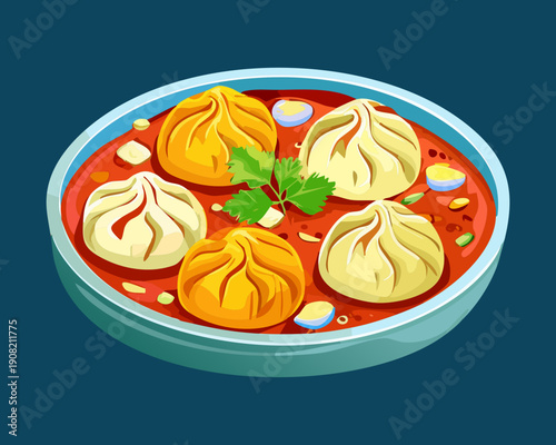 Spicy dumpling soup in a blue bowl with garnishes and vegetables for a traditional lunch dish - Vector Illustration
