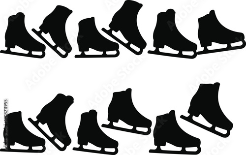 Black ice skate silhouettes arranged in two rows, minimal sports design, winter activity concept, abstract pattern for skating, hockey, fashion, and decorative backgrounds.