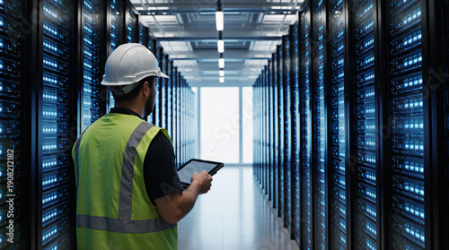 Man with laptop in server room. System administrator for industrial companies. Guy with computer. Server racks emit neon light. Maintenance industrial server equipment. Man in helmet in data center