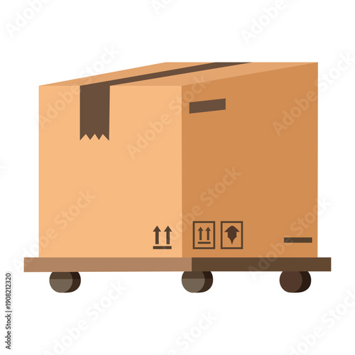 Box on wheels, ready to be moved: A single cardboard box, secured with tape, resting upon a wheeled platform, signaling the movement of goods or possessions.