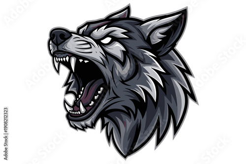 Dynamic illustration of a snarling gray wolf head, embodying raw power and untamed spirit, perfect for sports mascots, aggressive logos, or bold graphic design elements