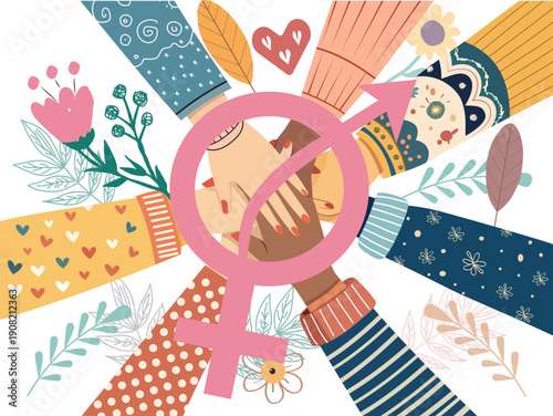 International Women’s Day Celebration Illustration Featuring Diverse Hands, Feminist Unity Symbol, and Floral Elements Representing Empowerment, Equality, Solidarity, and Global Women’s Rights.