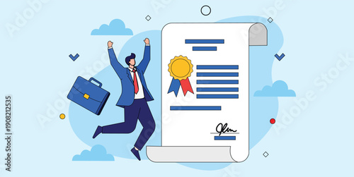 A triumphant leap toward certification: A joyous person celebrates a document, symbolizing success, achievement, and business growth.