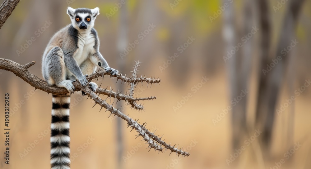 Fototapeta premium Ring-tailed Lemur Perched on a Dry Branch in Madagascar