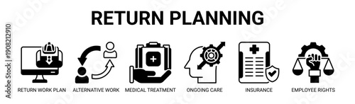 Return Planning web banner icon vector illustration concept with icon of return work plan, alternative work, medical treatment, ongoing care, insurance, and employee rights.