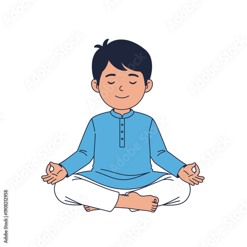 Boy Meditating in Lotus Pose, Wearing Traditional Indian Kurta Pajama, Peaceful Mind