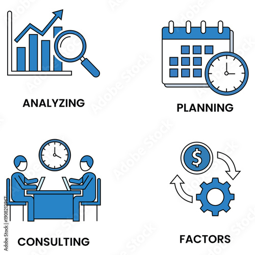 Business Icons: Streamlined graphic illustrations that convey essential business concepts, encompassing analysis, planning, consultation, and key influencing factors. 