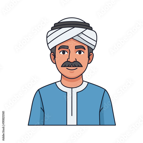 Cartoon Man Wearing Traditional Turban and Blue Outfit, Friendly Smile