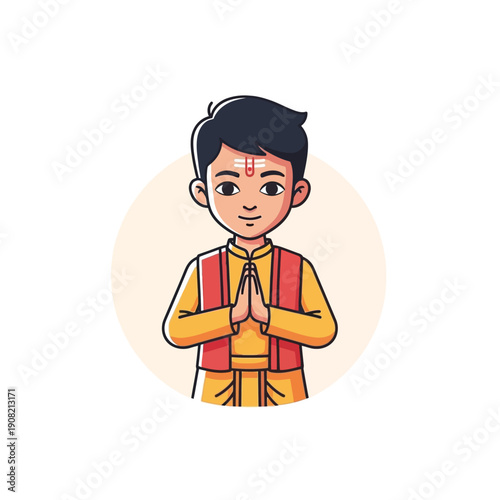 Young Indian Boy With Namaste Gesture, Traditional Attire, Religious Mark
