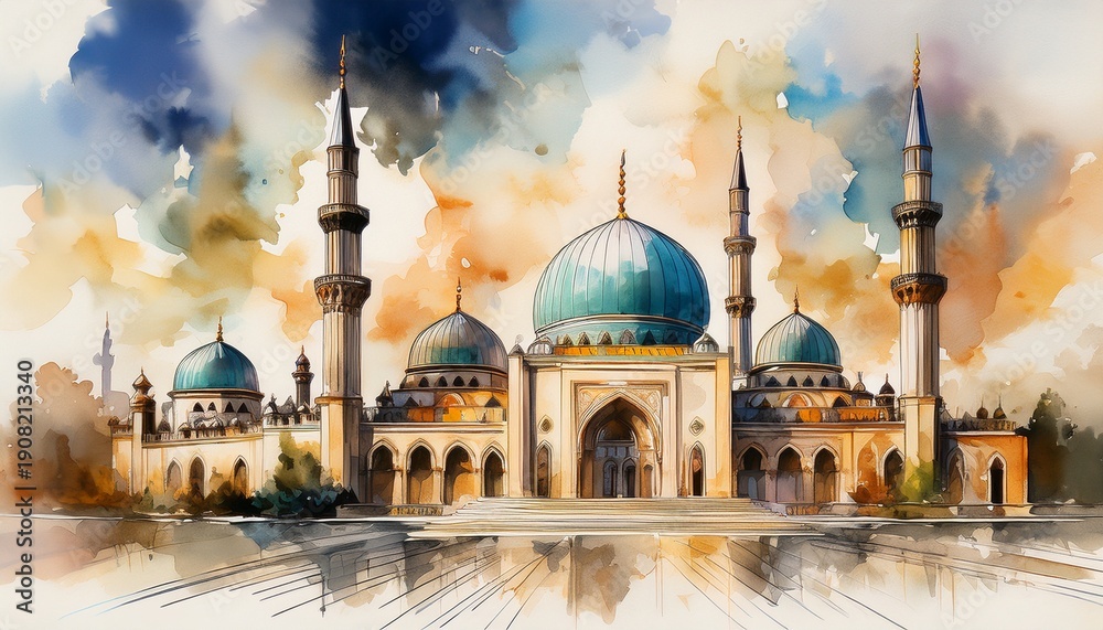 Fototapeta premium watercolor painting of a majestic mosque with domes and minarets under a cloudy sky