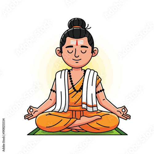 Cartoon Brahmin Monk Meditating in Lotus Pose, Spiritual Enlightenment, India