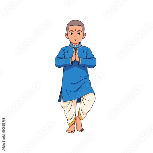 Young boy in blue kurta and dhoti performing Namaste greeting