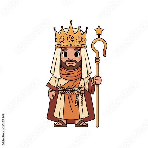 Charming King with Crown and Staff, Cartoon Character, Religious Figure
