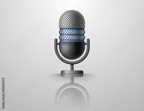 Microphone on a stand with metal elements. Audio equipment for podcasts, interviews, voice recording, podcasts, and broadcasts.