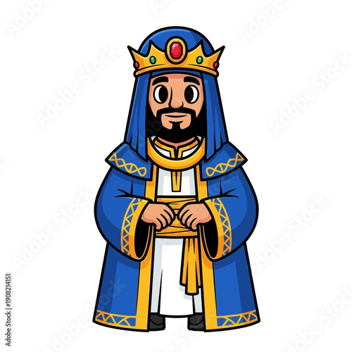 Cartoon King in Blue Robe and Crown, Royal Character Illustration