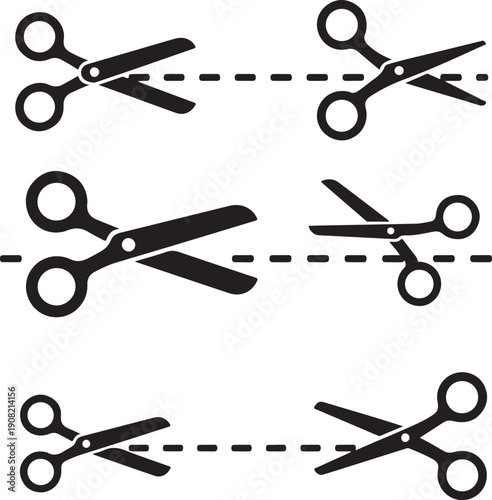 Monochrome scissors icon set with dotted cut line, "cut here" symbol for instructions