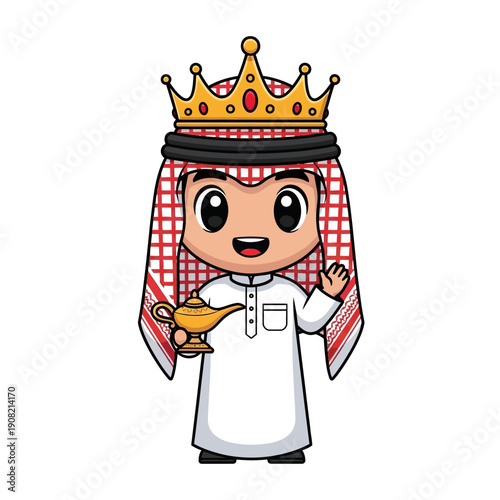 Cute Arab Boy King Waving Hand Holding Magic Lamp, Cartoon Character