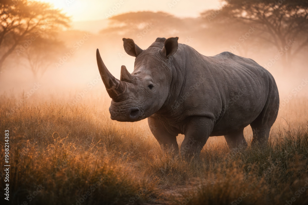 Fototapeta premium A powerful White Rhinoceros with a large, prominent horn stands alert in a golden, misty savanna as the early morning sun filters through the trees.