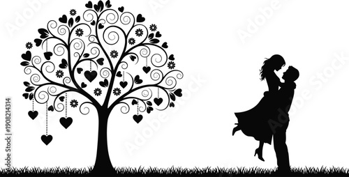 Silhouette of a couple kissing under a tree with heart and flower decorations hearts