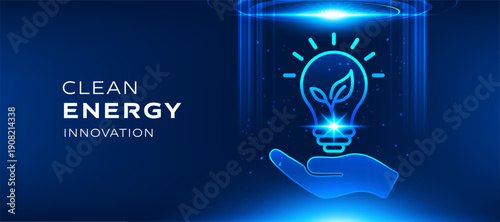 Clean energy innovation concept with glowing light bulb and green leaf symbol on dark blue background. Hand holding eco idea light, representing sustainable power, vector illustration