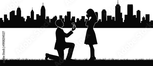 Man kneeling to propose with a ring to a woman in a city skyline background silhouette proposal
