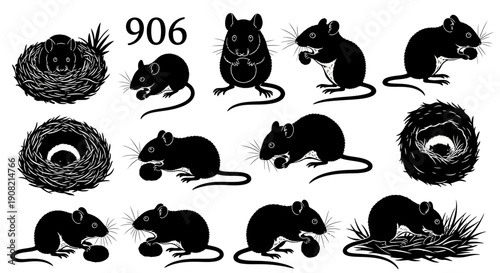 Black vector mouse and rat silhouettes with nests, various poses, isolated on white