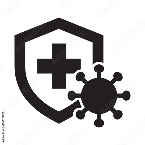 Black shield icon with white medical cross and virus cell illustration