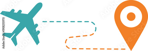 Teal airplane travels along dashed line to orange location pin marker journey