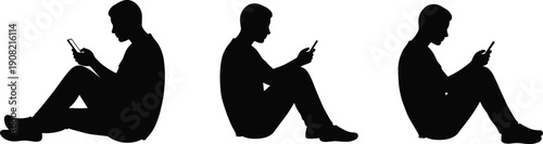 Silhouette of man sitting on floor using smartphone, digital addiction, phone usage, modern lifestyle, isolated vector illustration, technology concept
