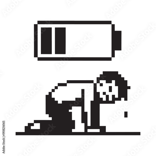 Low battery anxiety pixelated man supports a dwindling power symbol