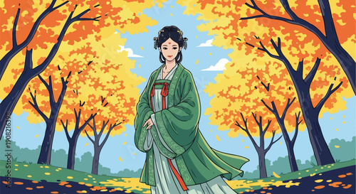 Beautiful Chinese woman in green Hanfu dress standing in autumn woods