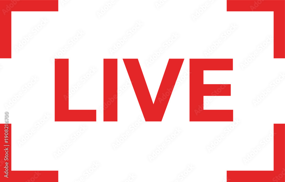 Fototapeta premium Red LIVE text with red corner brackets on white background live word