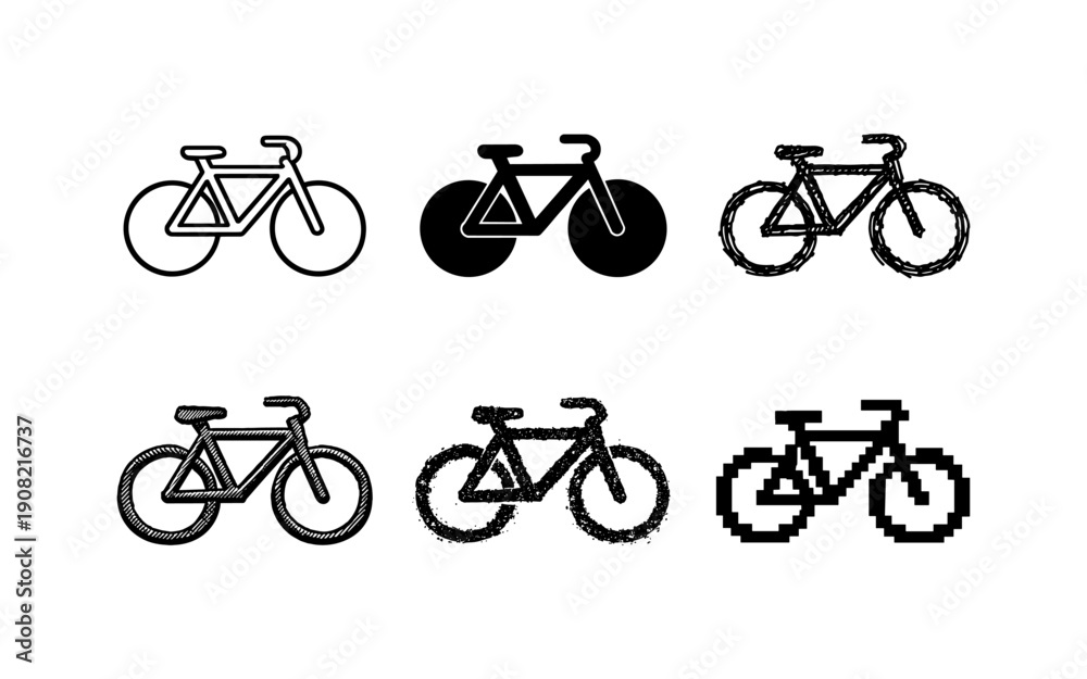 Obraz premium Collection of six different bicycle icons in various styles and textures