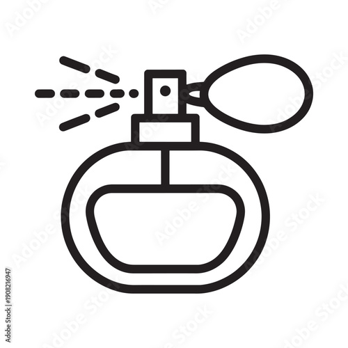 Simple line drawing of a perfume bottle spraying a mist