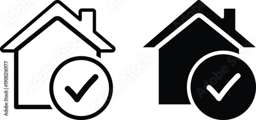 Black and white house with checkmarks inside circles house home checkmark tick
