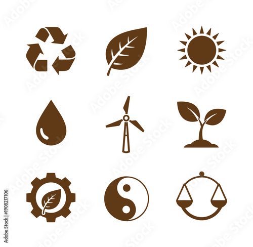 Eco friendly icons set including recycling symbol and leaf and sun and water drop and wind turbine and seedling and gear with leaf and yin yang and scales
