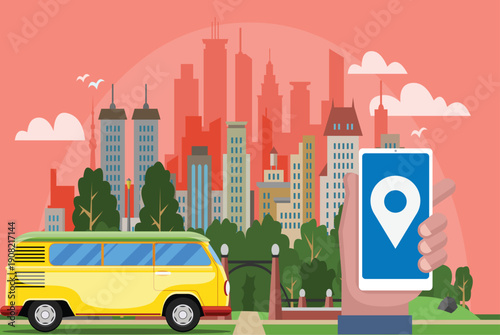 modern flat vector illustration of an online taxi booking service. The image features a bright orange taxi car parked in front of a bustling city skyline with skyscrapers and a clear blue sky.