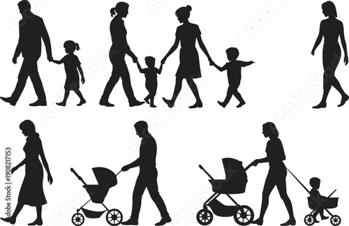 Silhouette of parents walking with children, family with strollers and babies, parenting lifestyle concept, modern motherhood fatherhood vector illustration
