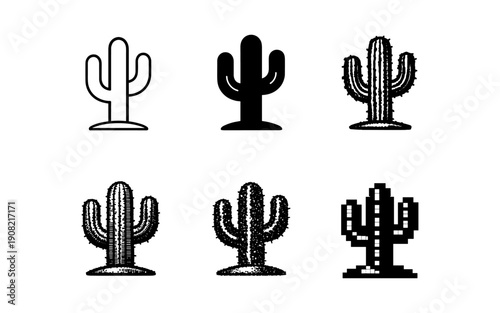 Collection of six distinct cactus illustrations in various artistic styles and formats
