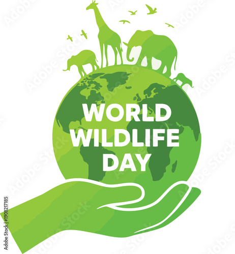 World wildlife day concept with animals silhouette on earth globe held by a hand, green design
