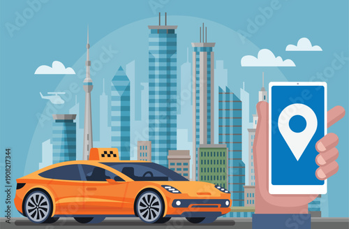 modern flat vector illustration of an online taxi booking service. The image features a bright orange taxi car parked in front of a bustling city skyline with skyscrapers and a clear blue sky.